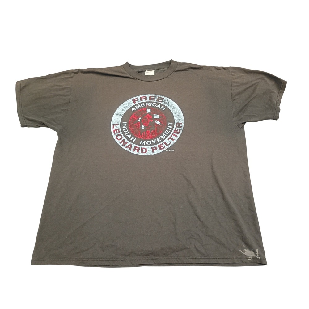 Jerzees T-Shirt Mens 2XL Grey Free Leonard Peltier American Indian Movement AIM